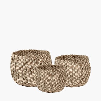 WOVEN NATURAL 2 TONE SEAGRASS AND PALM LEAF BASKET S/2