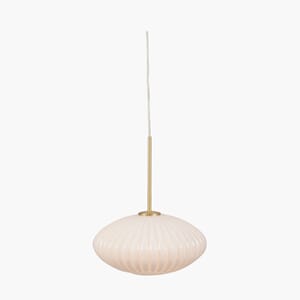 EMILIA WHITE GLASS AND GOLD METAL RIBBED OVAL PENDANT