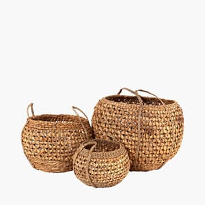 WOVEN WATER HYACHINT S/3 HANDLED ROUND BASKETS