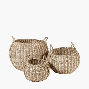 WOVEN STRIPED NATURAL SEAGRASS AND PALM LEAF S/3 BASKETS