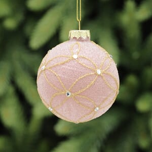 Glasskule rosa 8 cm med gull og perledekor