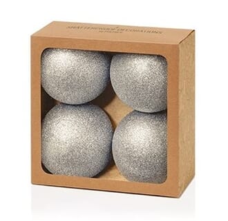 Julekule 10 cm 4-pk glitter sølv