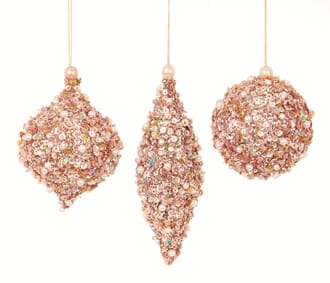 Julekule rosa med perledekor 8-16 cm 3 assortert