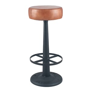 MARCO VINTAGE BROWN LEATHER & IRON ROUND BAR STOOL